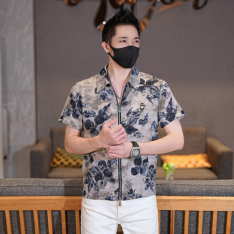 2025新款翻领短袖薄款男夏季男士拉链衬衫印花帅气套装痞帅