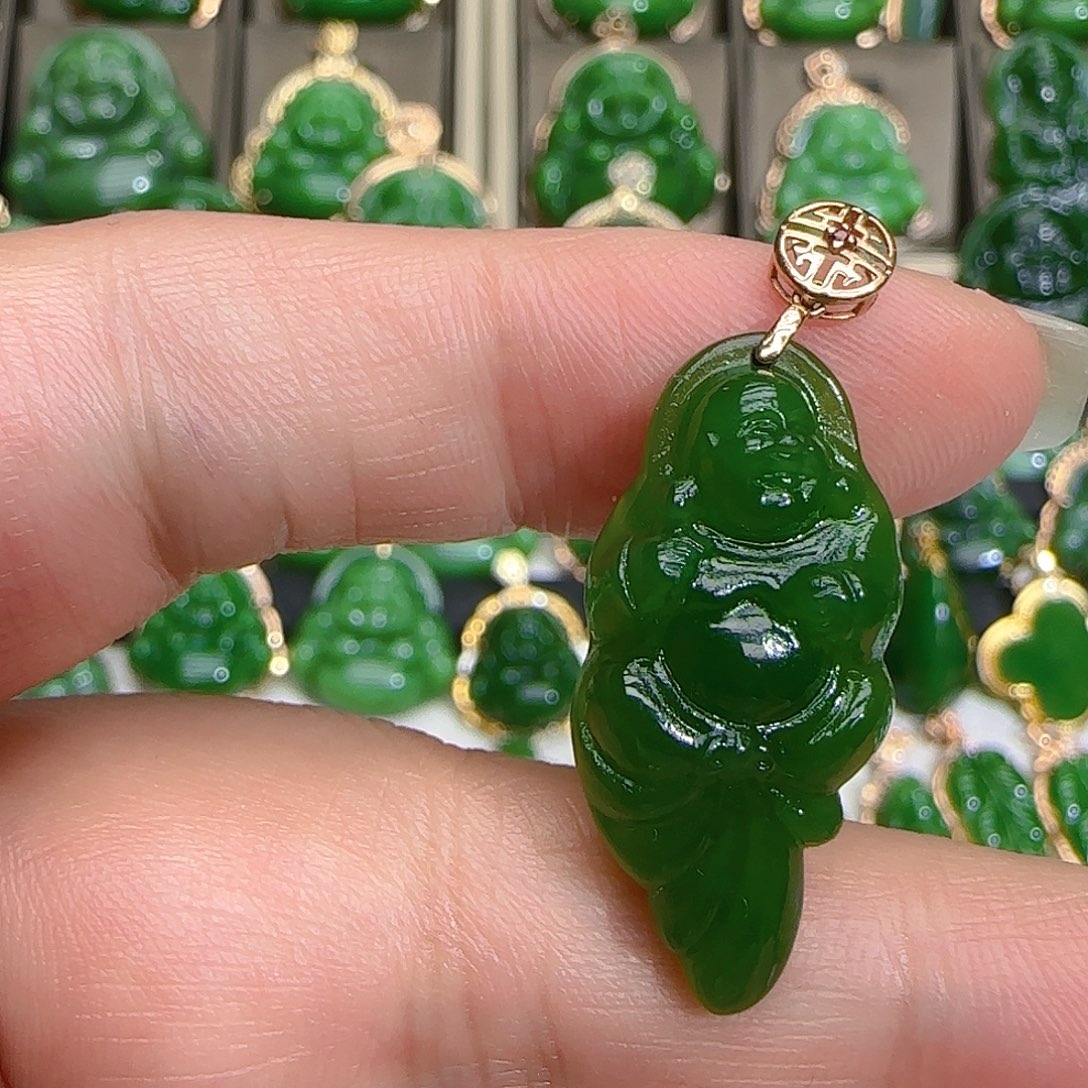 和田玉（碧玉）吊坠(不含链)18K金镶嵌