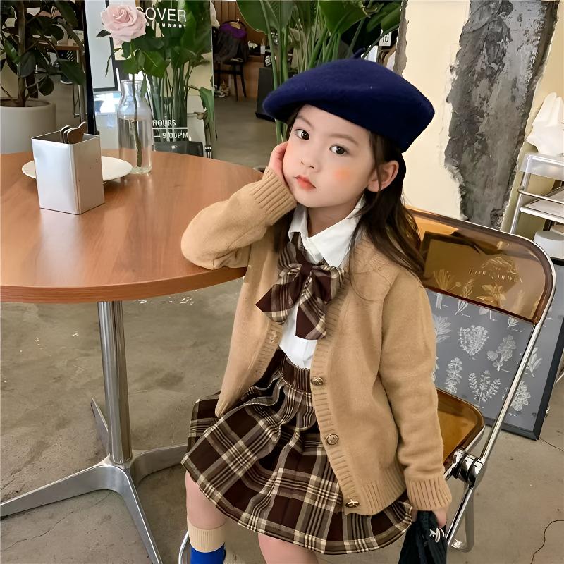 学院风女单排扣纯色韩版套装格子春秋款童装