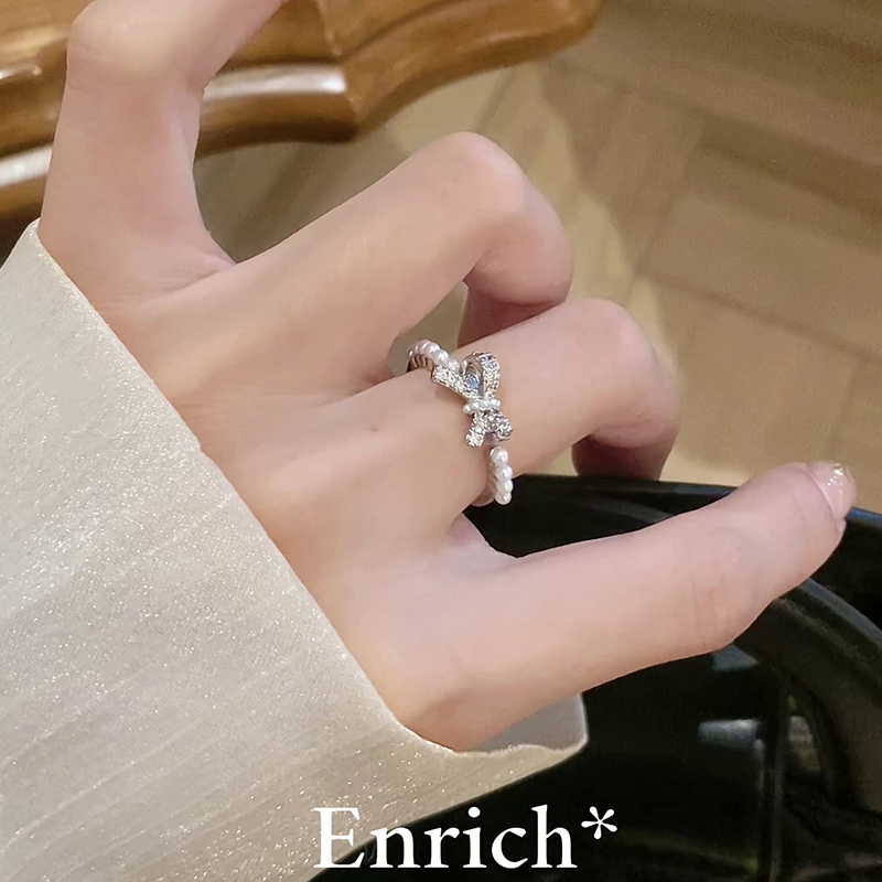 铜合金仿珍珠戒指 珍珠戒指蝴蝶结锆石指环小众高级感指环J0544