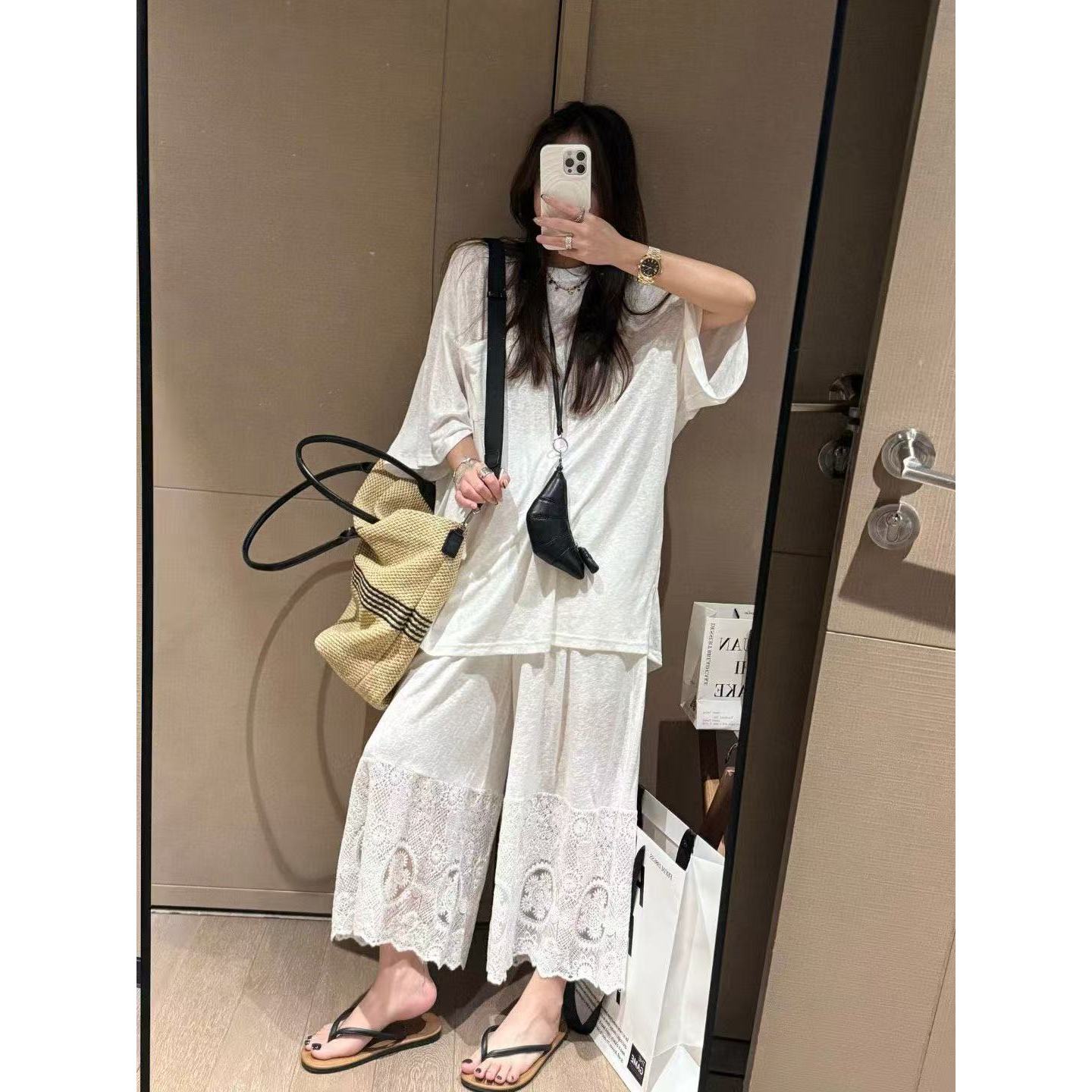 【YFONI】慵懒休闲纯白蕾丝花边裤套装