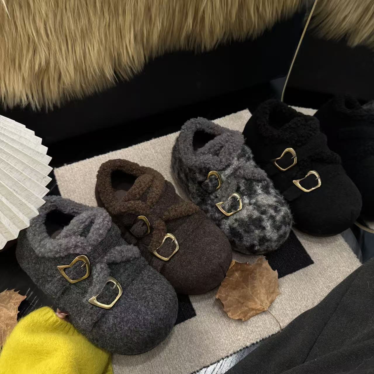 2025年冬季新款双带金属扣设计款厚底内增高时尚感百搭包头毛毛鞋