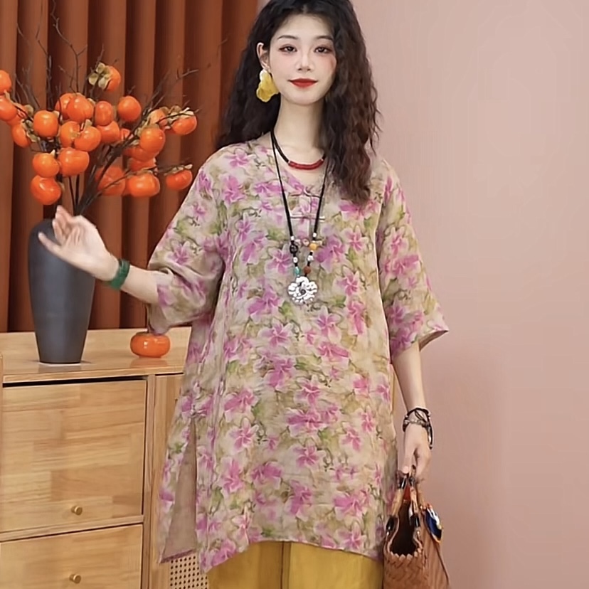【乔一推荐】2025新款中式国风宽松减龄苎麻中长款女上衣26218