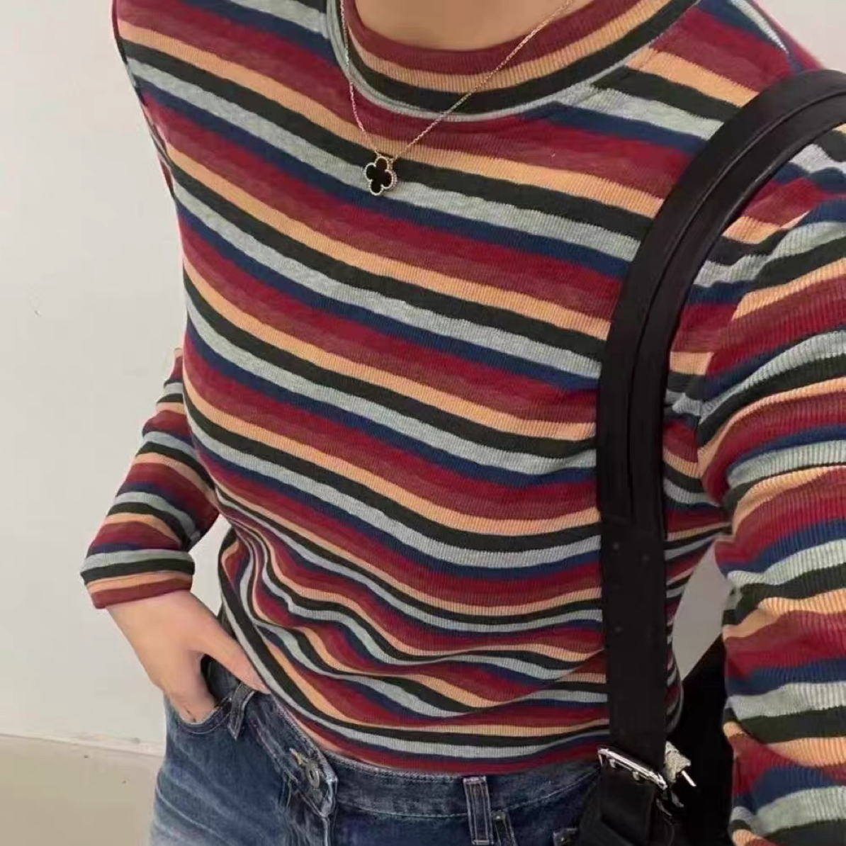 彩虹调色盘针织长袖 条纹长袖打底上衣圆领，正品韩国货no退no换