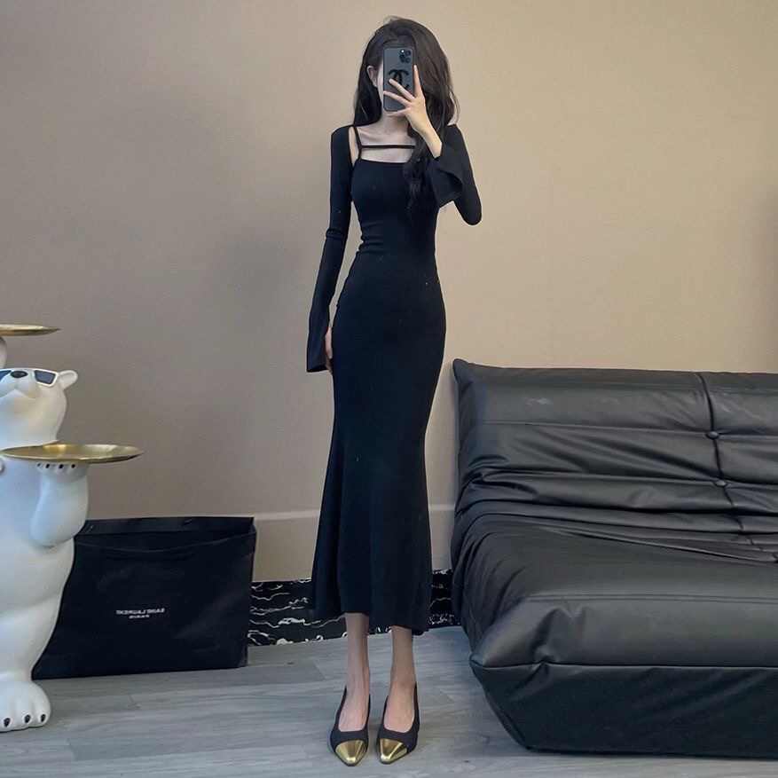 网红同款黑色吊带连衣裙女性感显瘦中长款鱼尾包臀裙两件套潮