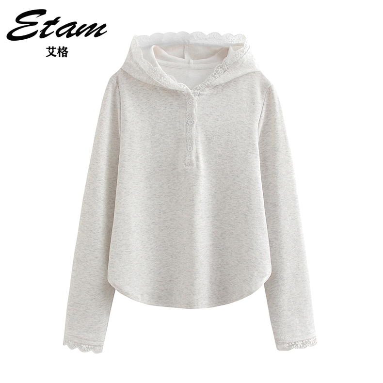Etam/艾格法式蕾丝拼接连帽卫衣2025春秋款宽松显瘦设计感上衣女