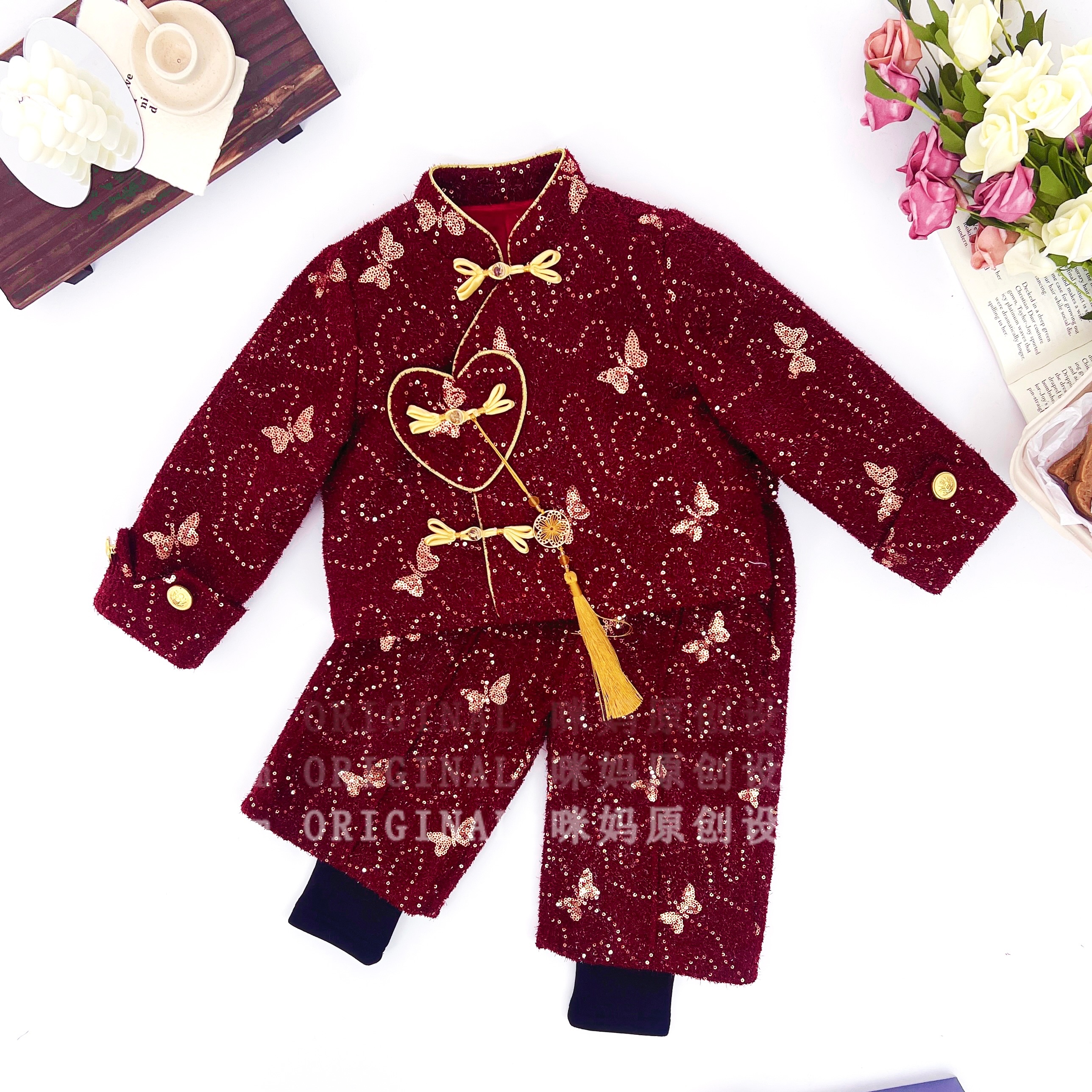 【蝶沫】女童红色系重工年服蝴蝶套装冬季时髦套装5Q775HON