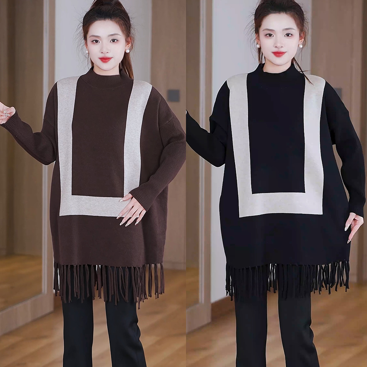 新款时尚百搭半高领洋气中长款流苏毛衣女士宽松内搭冬季拼色上衣