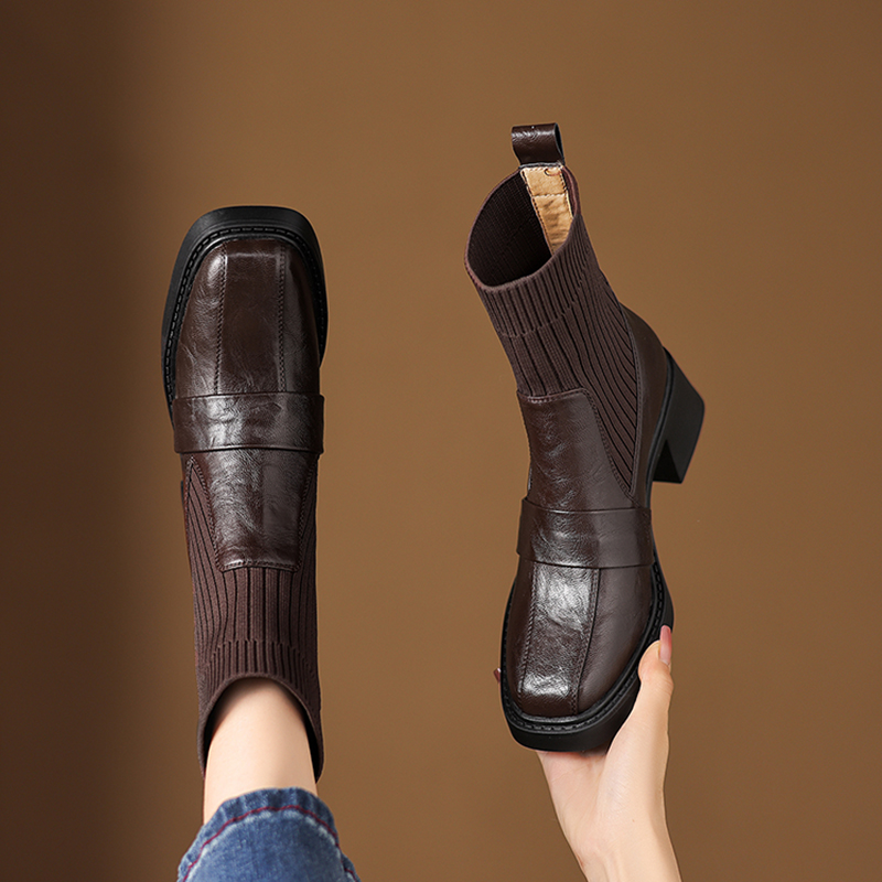 S003女方头套筒秋冬胶粘中跟冬季短靴防滑粗跟复古