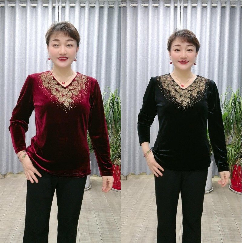 秋冬上新V领亮钻丝绒妈妈装打底衫T恤2577