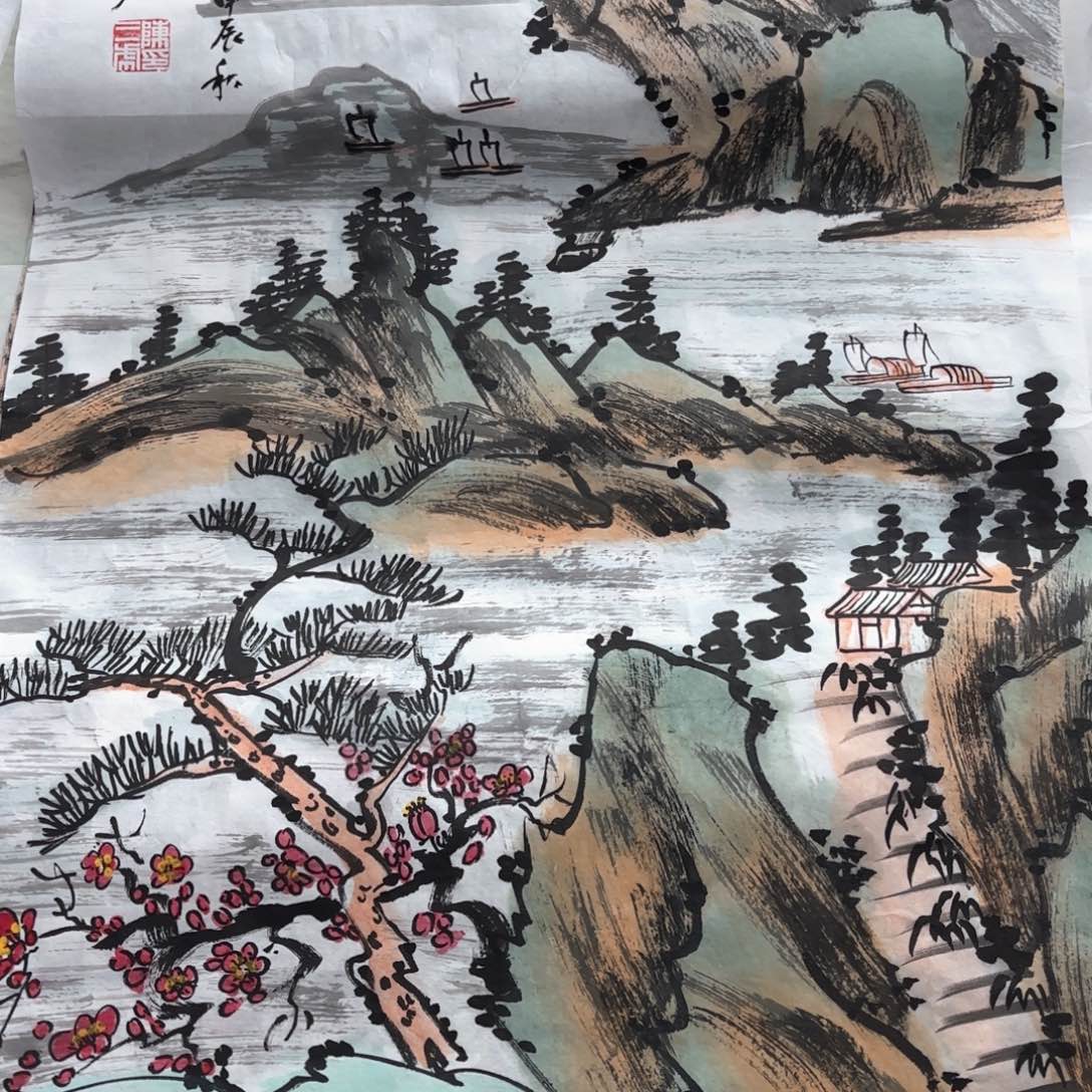 国画陈三虎四尺三开山水朱