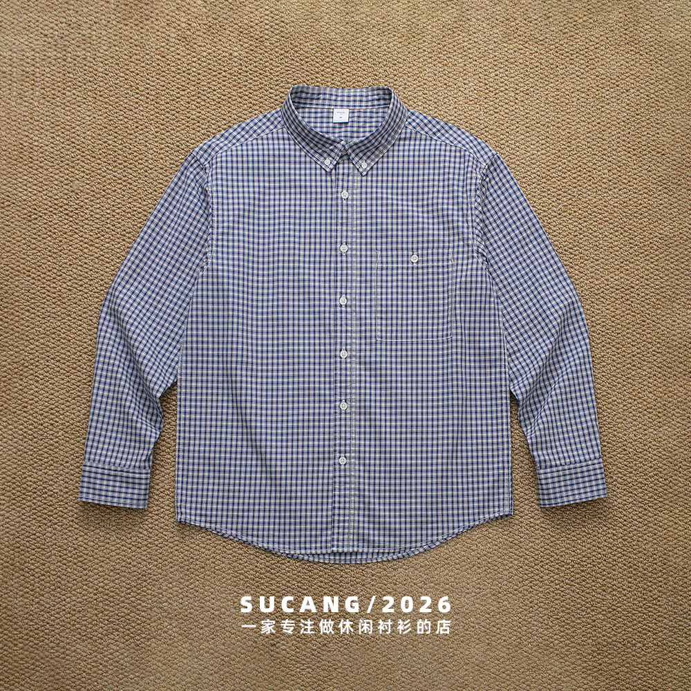 秋季新款男士长袖衬衫纯棉水洗潮流格子衬衣日系复古休闲上衣潮