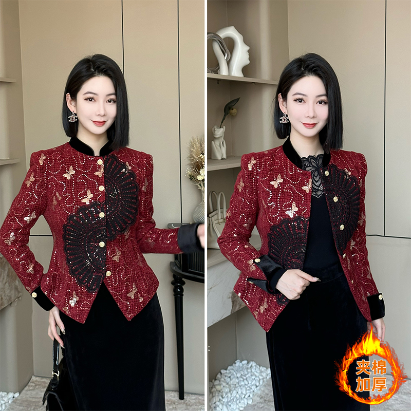 格娜新款冬季女装新中式套装亮片绣花氛围感小香套装半身裙两件套