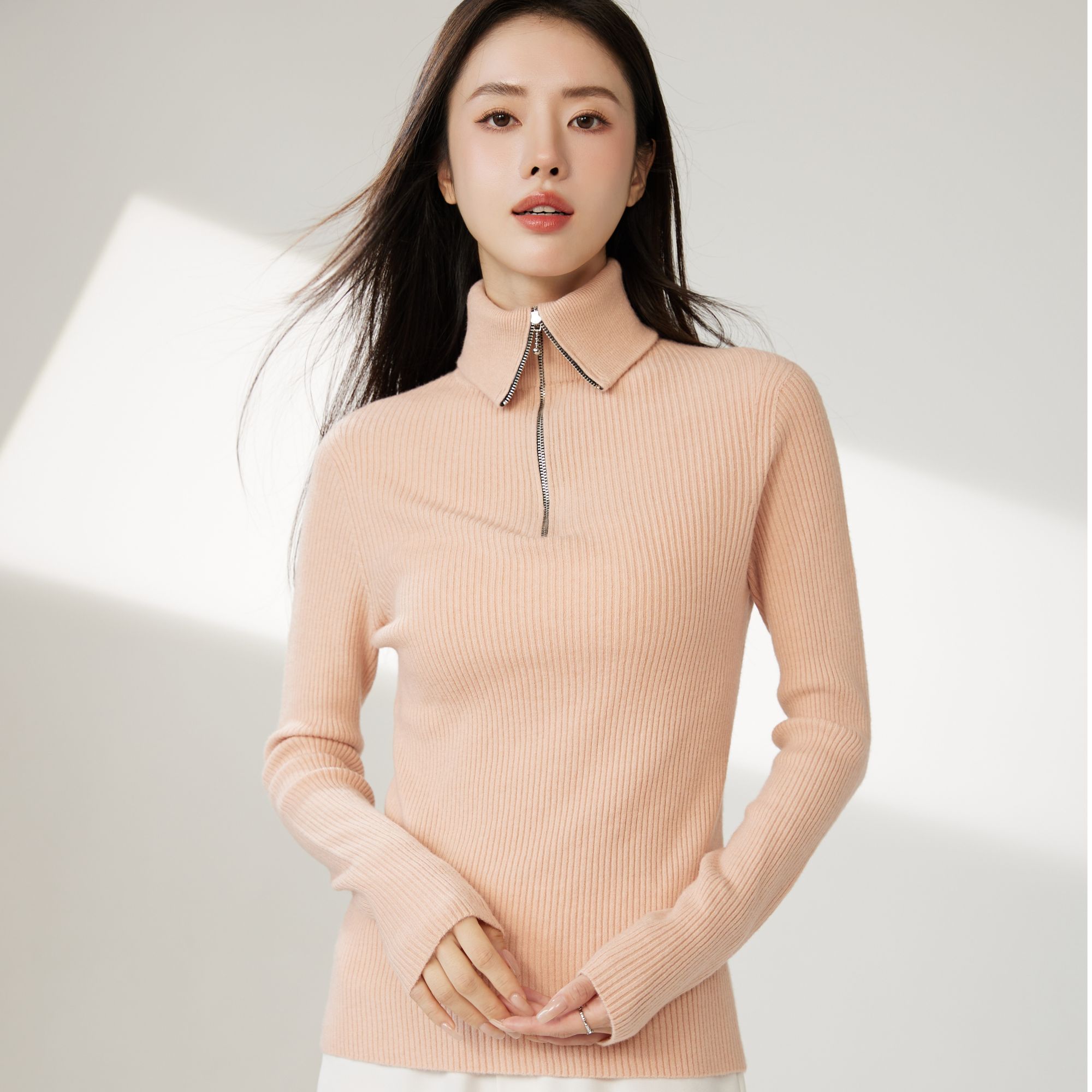 无缝一线成衣羊针织衫时尚百搭高翻领毛衫针织毛衣衫