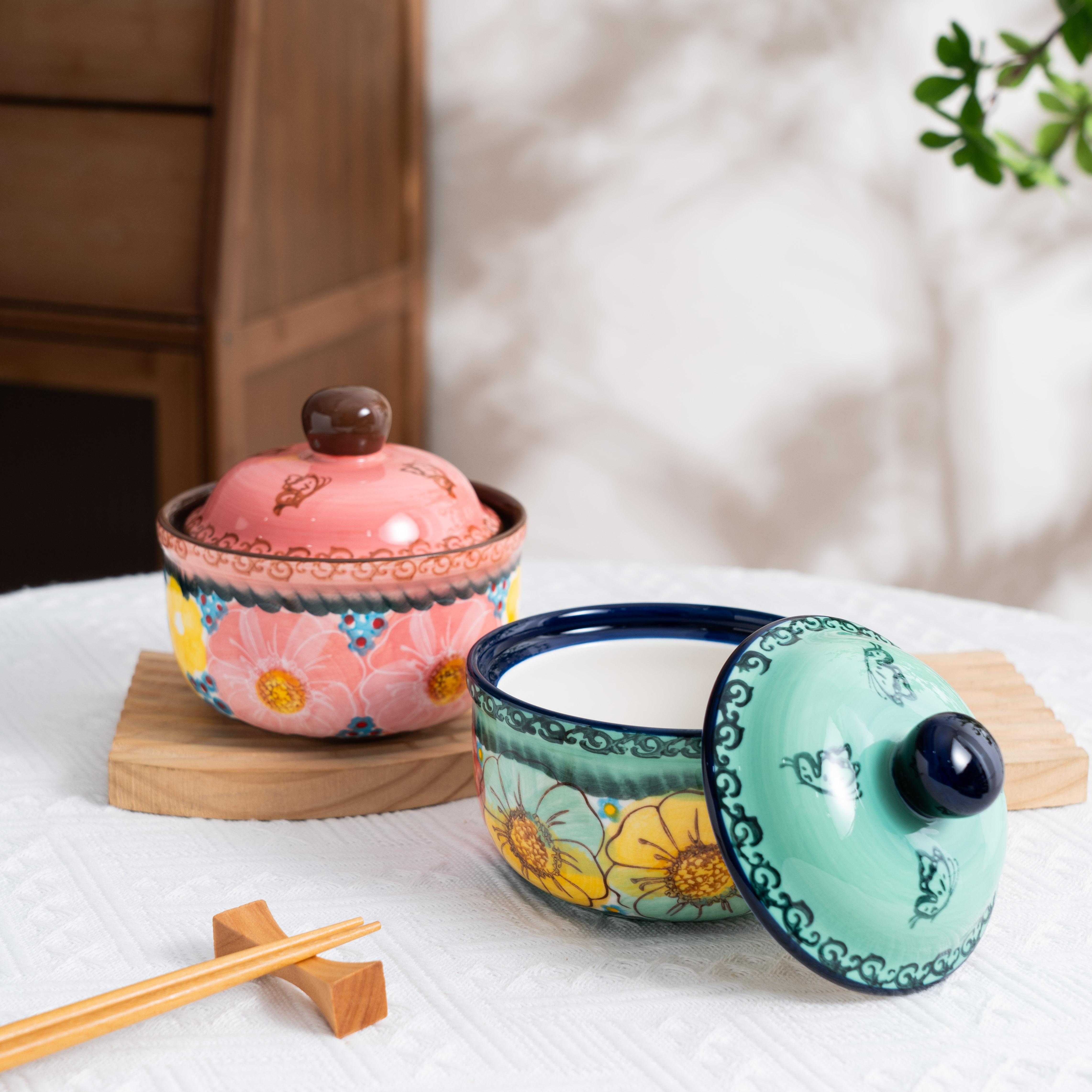 樱花雪月/碧海苍田-4.5寸带盖炖盅两个装
