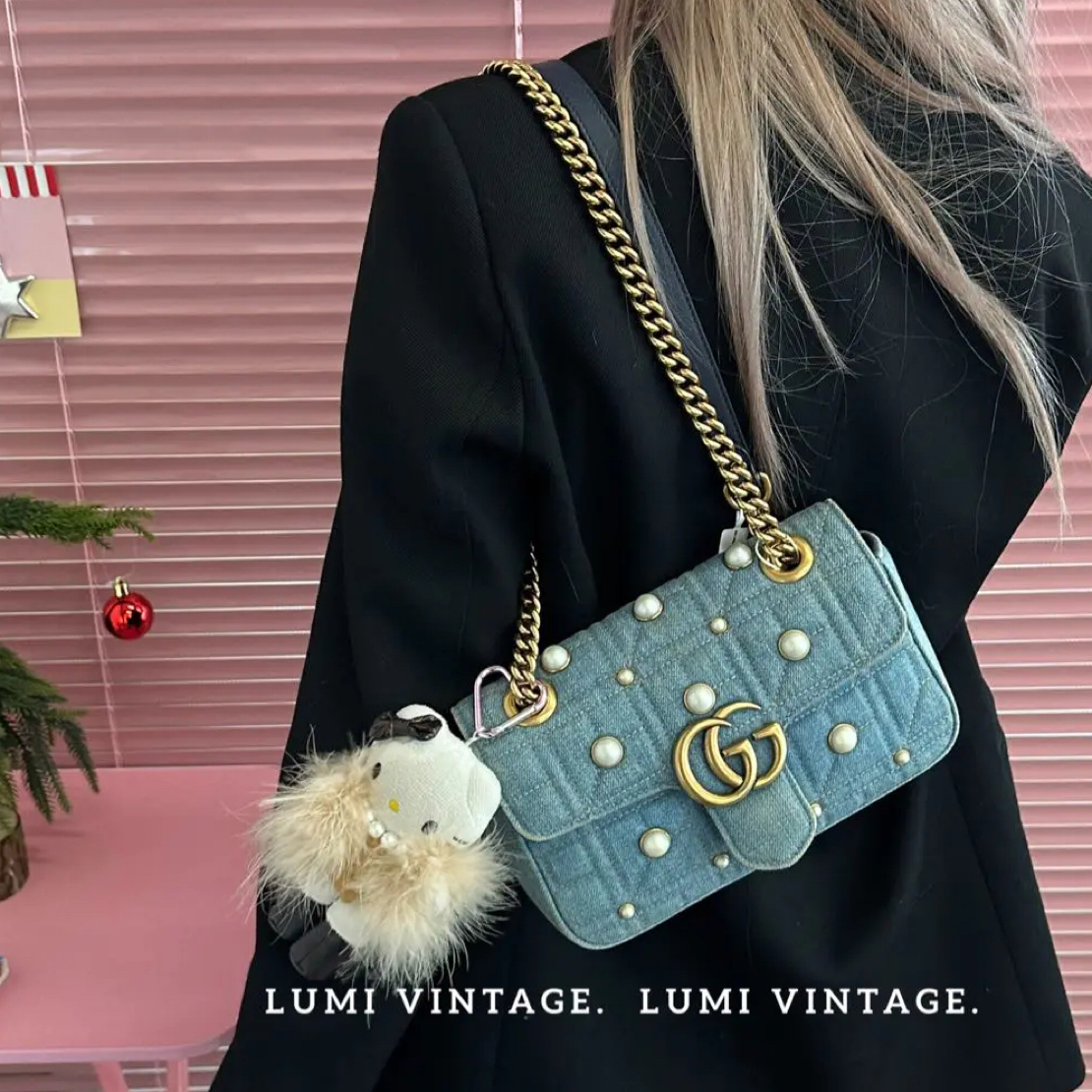 95新 GUCCI/古驰 做旧珍珠牛仔马蒙22单肩包37841309