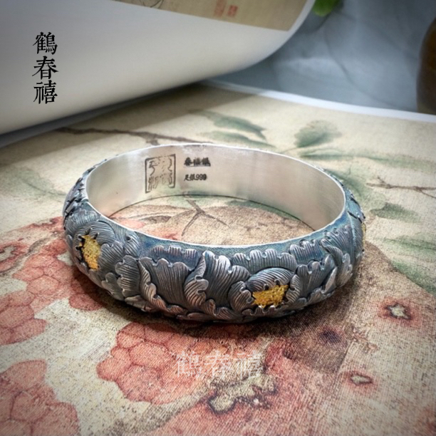 足银手镯 七彩牡丹 足银999施菊平制浮雕炫彩手镯