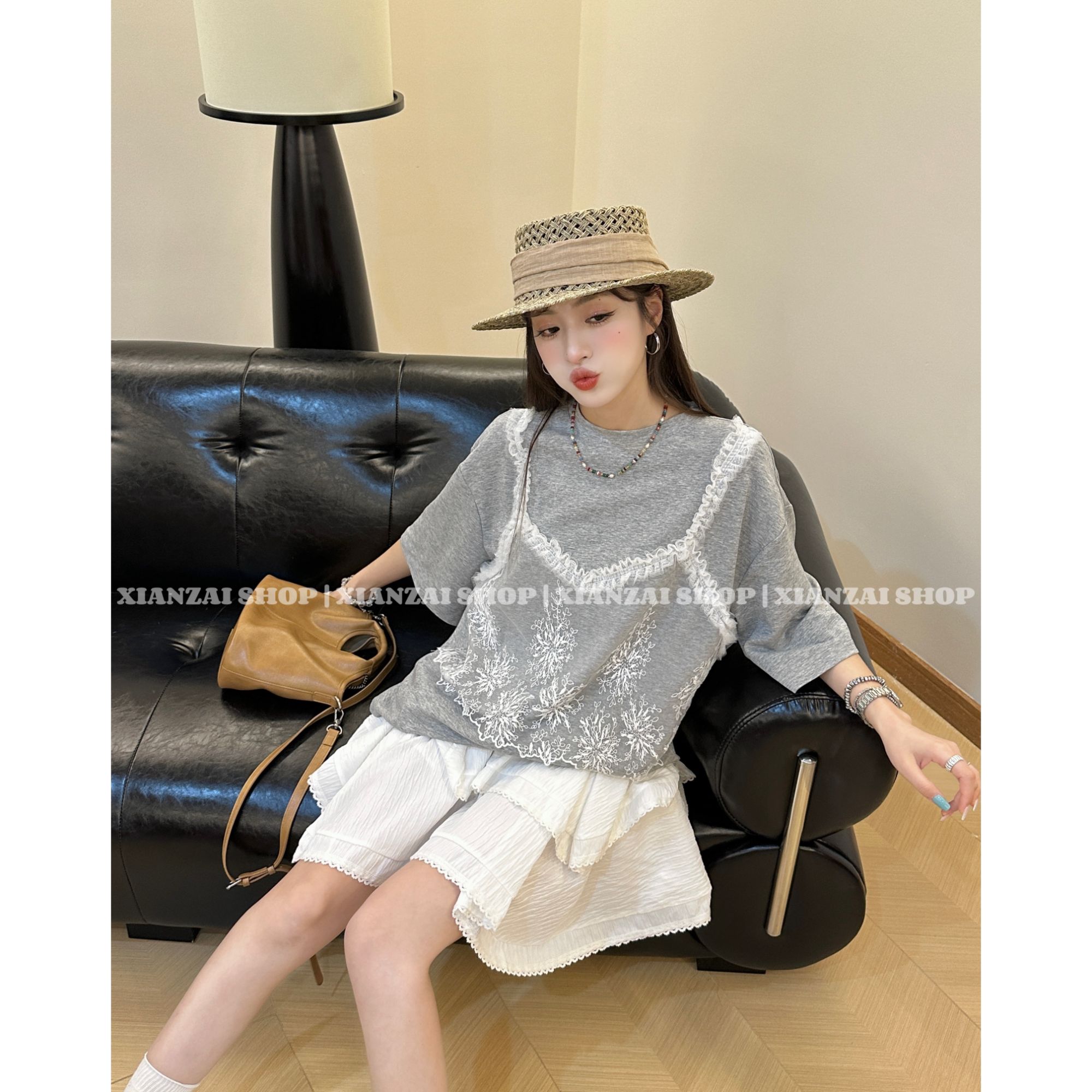 XIANZAI【拥抱云朵】夏季新款蕾丝拼接假两件短袖不规则短裙两件套
