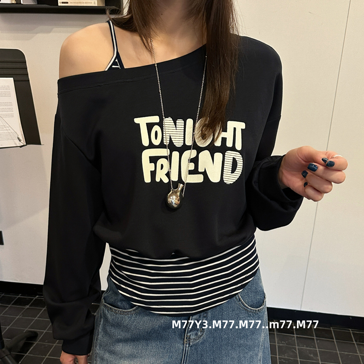 M77Y3原版99238卫衣女2025早秋时尚斜肩小众设计条纹拼接长袖上衣