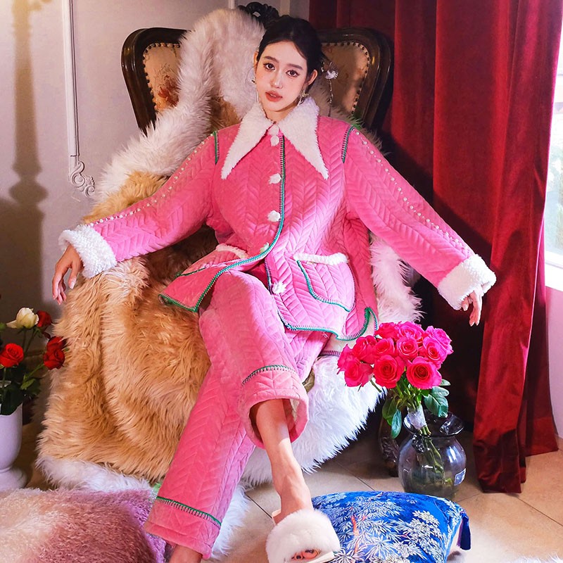 原创设计感珍珠镶嵌两件套前短后长三层加厚夹棉睡衣家居服套装冬