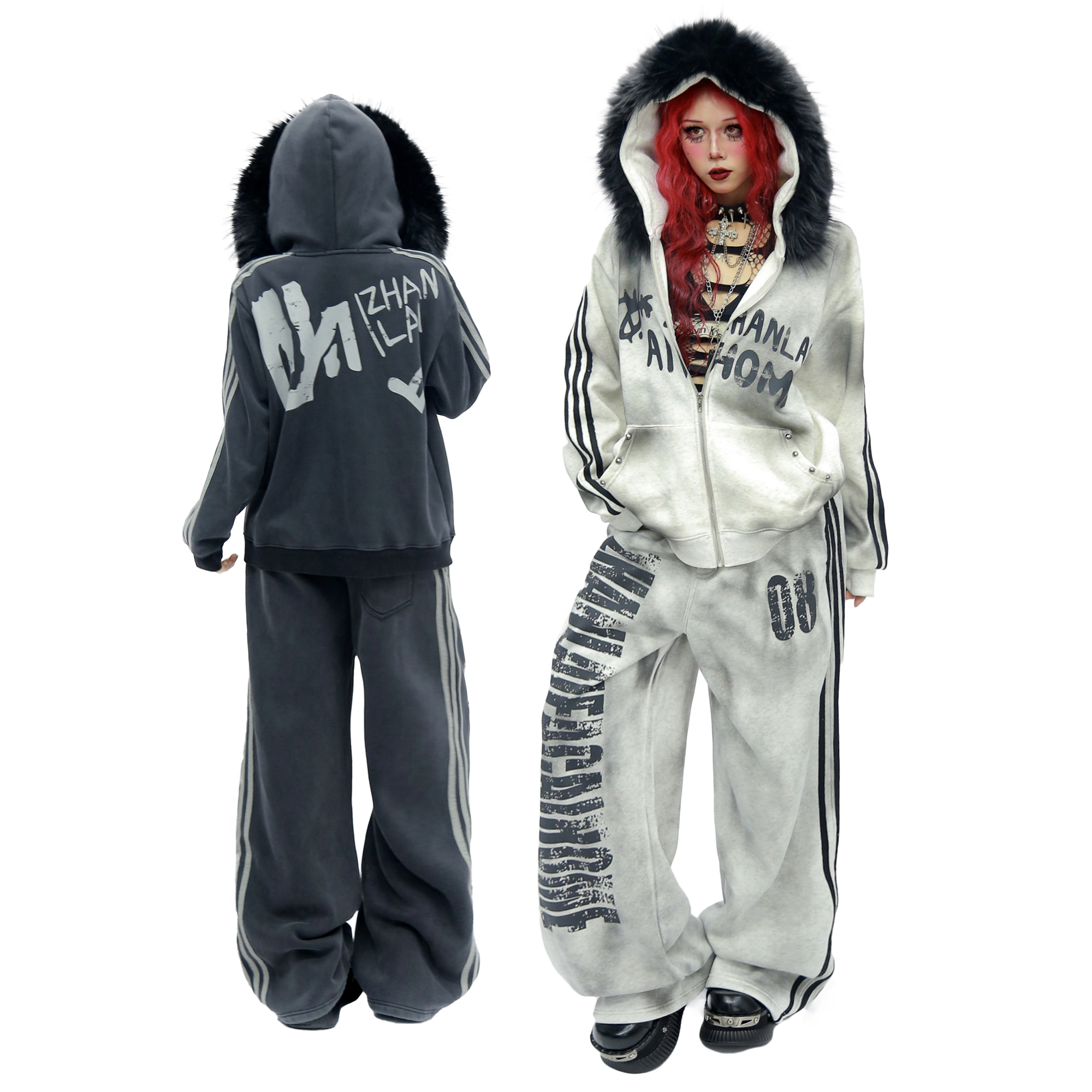 NANAICHILLI 亚文化暗黑y2k连帽可拆卸毛领卫衣加绒情侣加厚套装