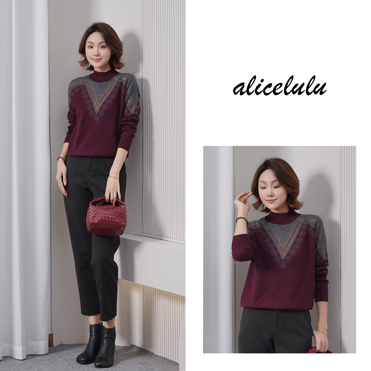 alicelulu柔曦玫影.高级撞色优雅减龄针织衫S2145496U