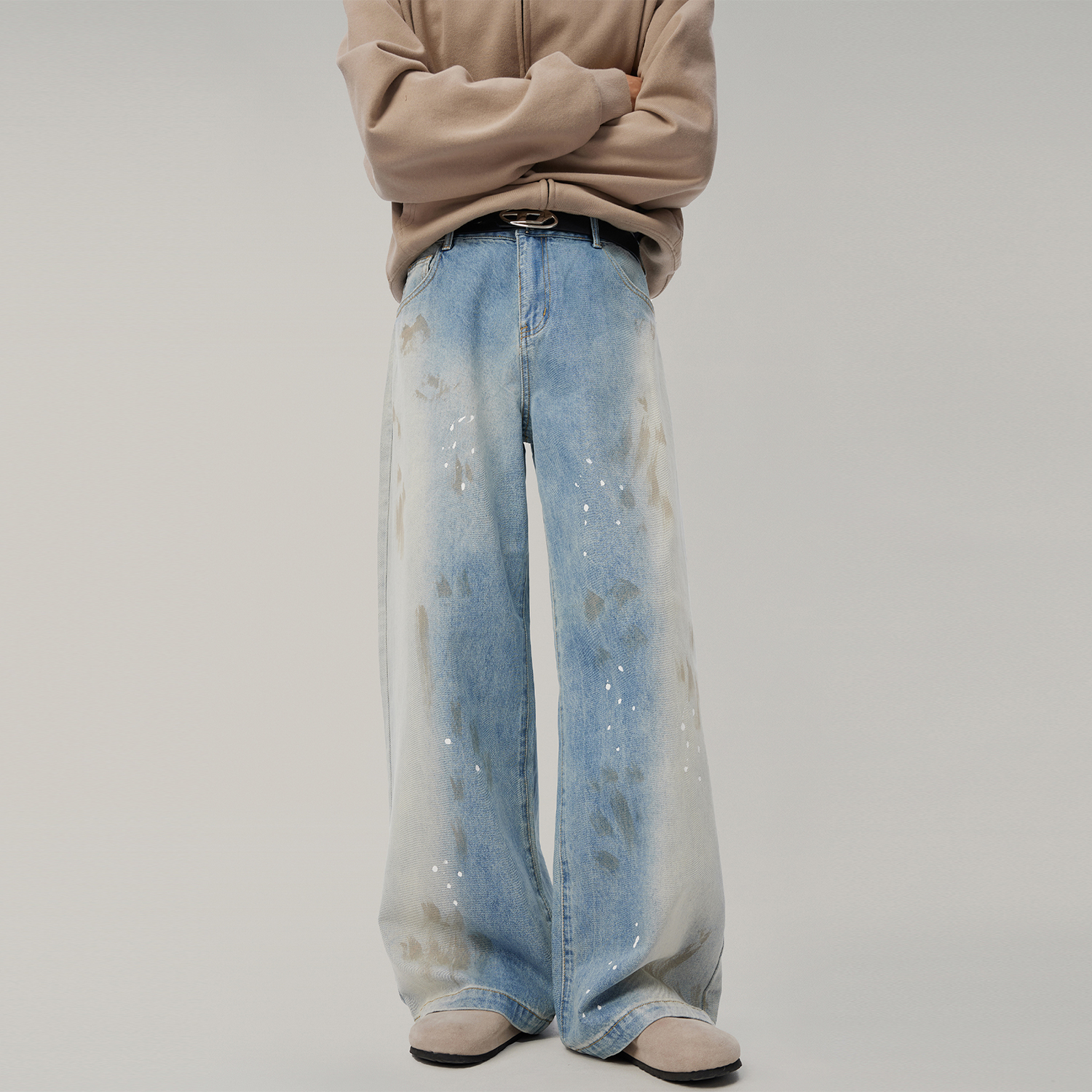 美式泼墨做旧垂感拖地牛仔裤男秋季高街cleanfit潮牌宽松阔腿长裤