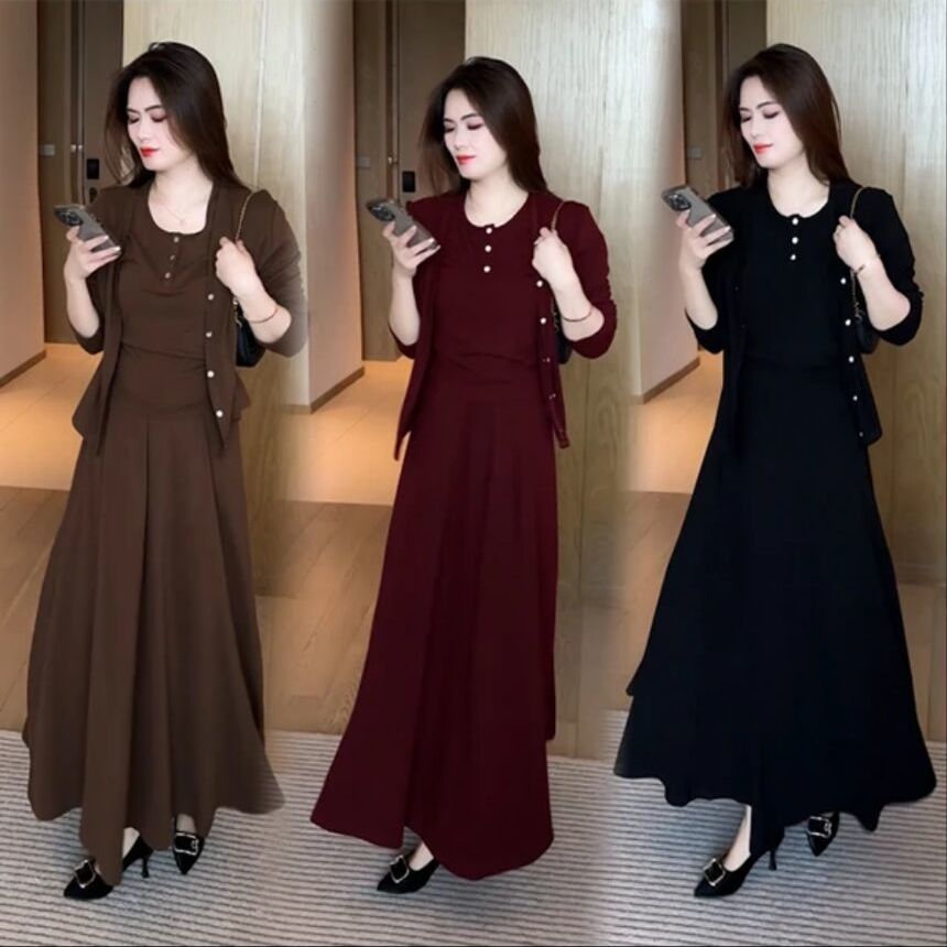 春秋新款早秋洋气减龄休闲弹力套裙女时尚纯色上衣开衫裙子三件套