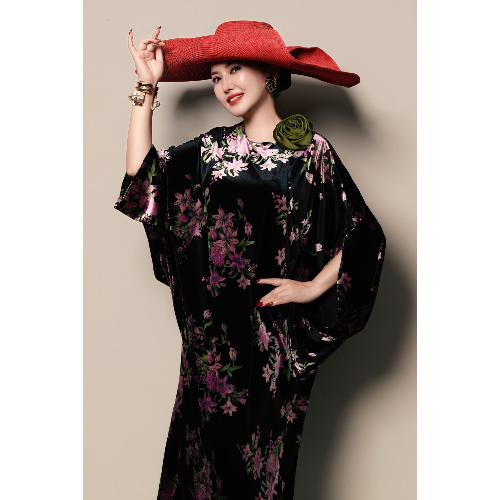 芈莱尤优-新款【墨染花池】茧型阔版连衣裙L25-5314-2