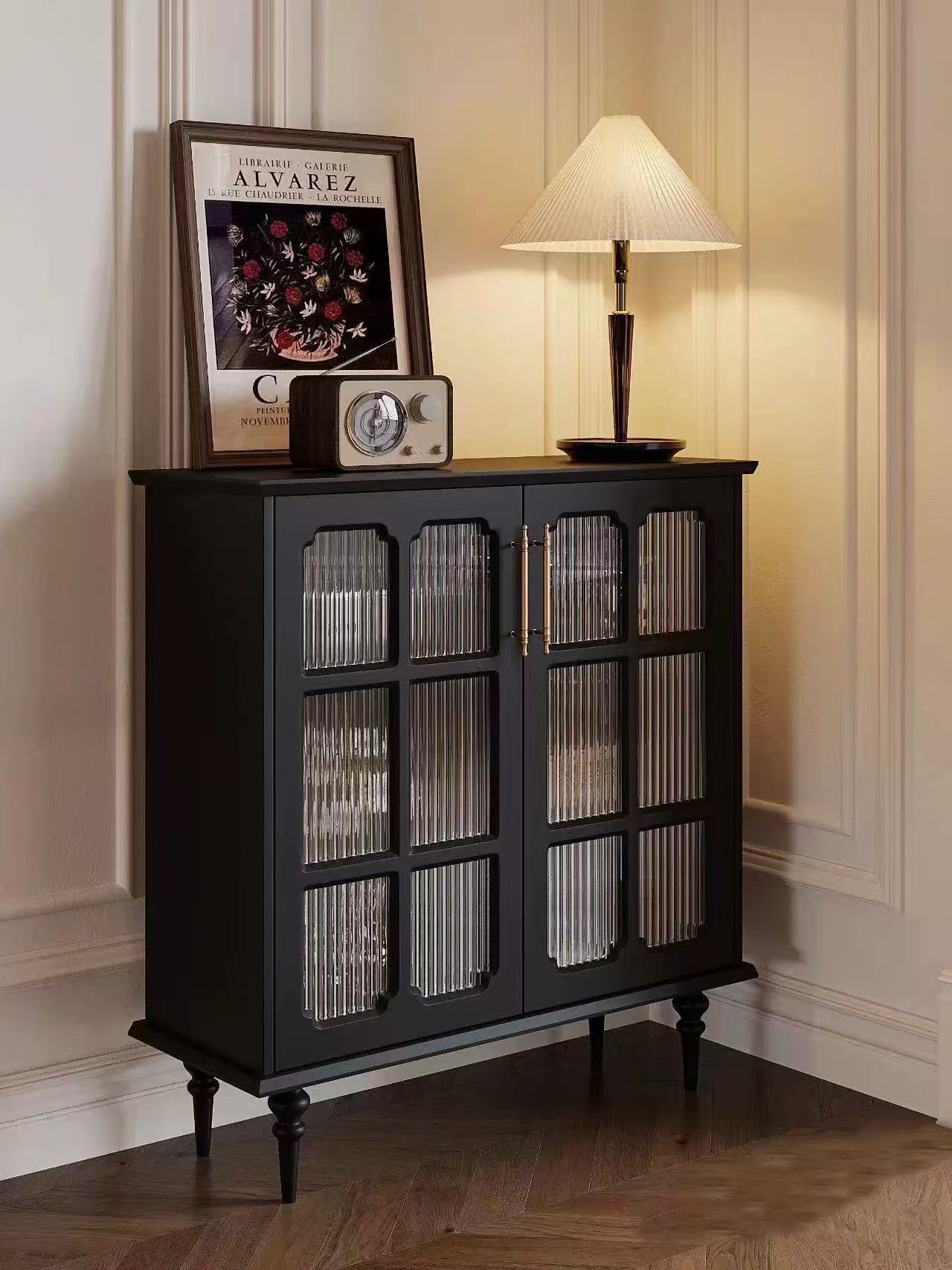 美式复古实木餐边柜墙边柜客厅黑色玄关厨房茶水柜