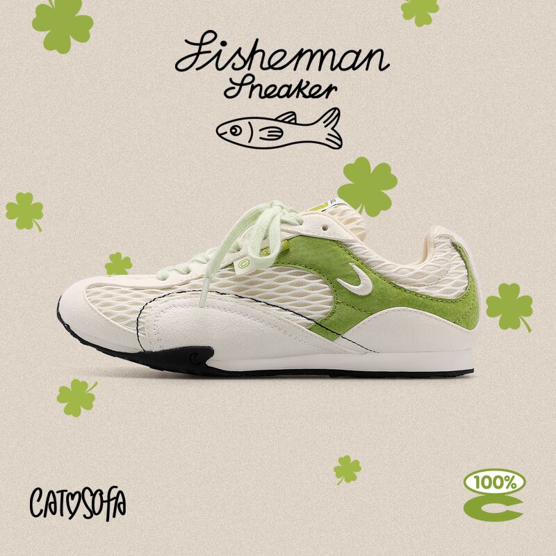【内增高4.5cm猫与沙发】渔网鞋白绿色透气网面粗网运动鞋百搭