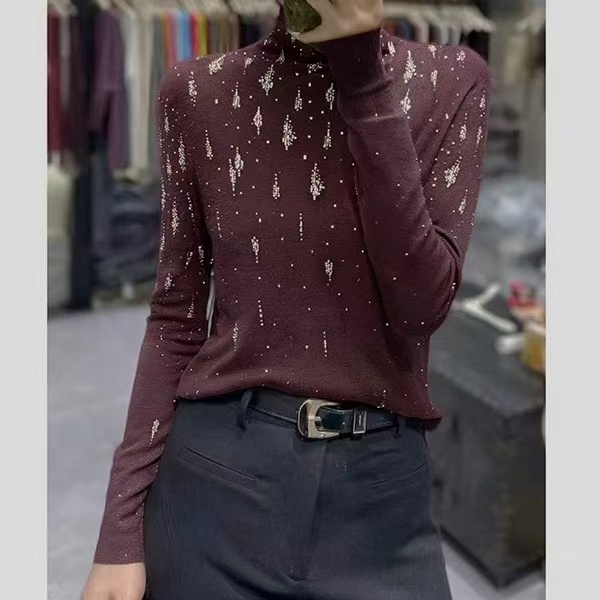 高货~胸86-150长61重工烫钻堆堆领长袖气质穿搭打底衫 3285