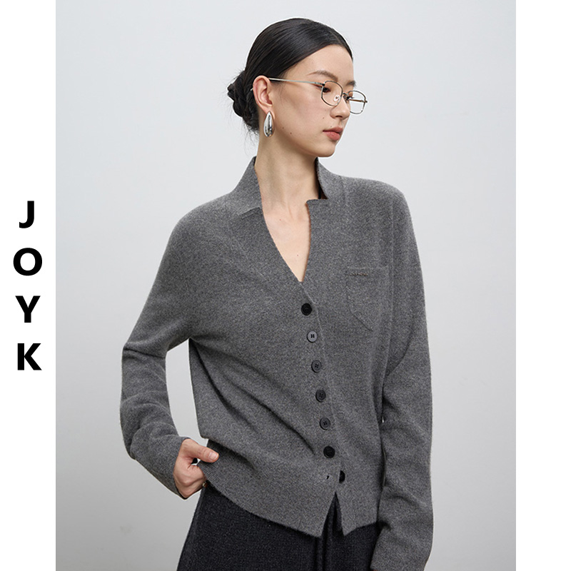 JOYK青果领100%山羊绒毛衣灰色开衫 25120