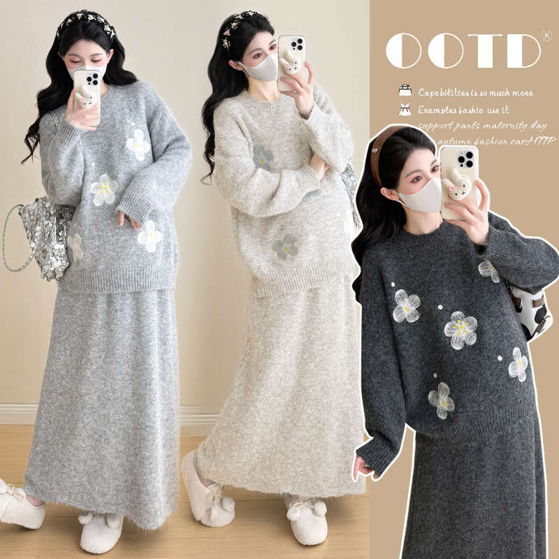 2025秋冬季孕妇装套装绣花设计韩版时尚宽松中长款加厚孕妇毛衣