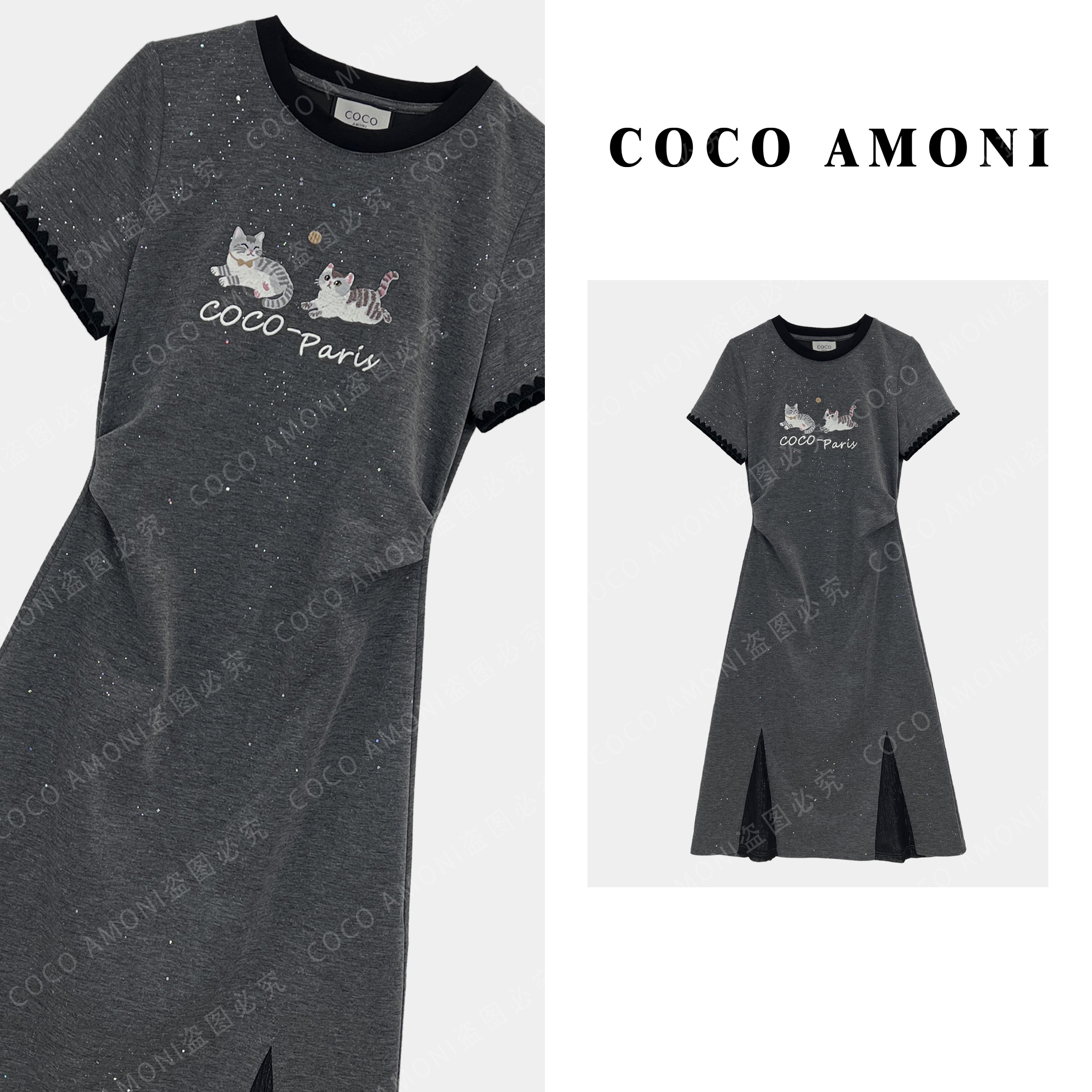 设计师原创新款女拼接重工刺绣小猫显瘦气质连衣裙AC389