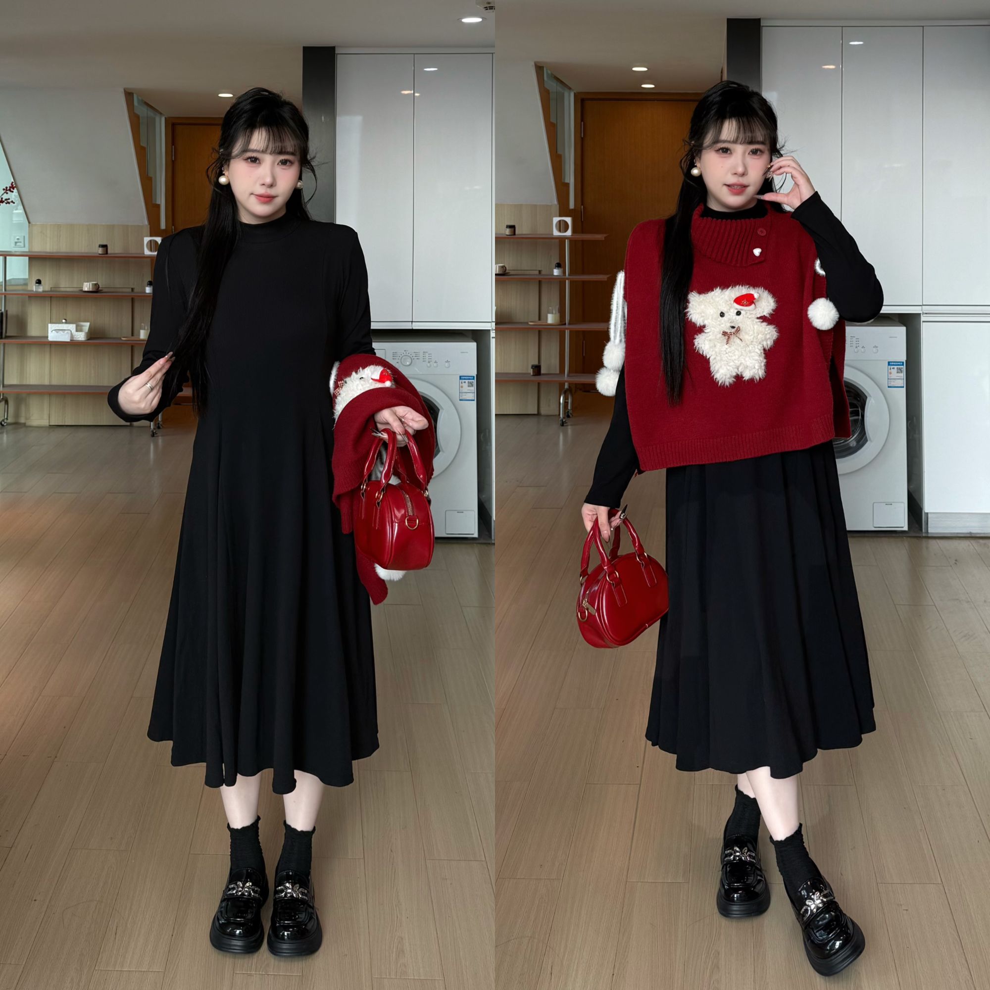 亿米-(圣诞邂遇)抗起球针织-德绒打底裙连衣裙两件套装