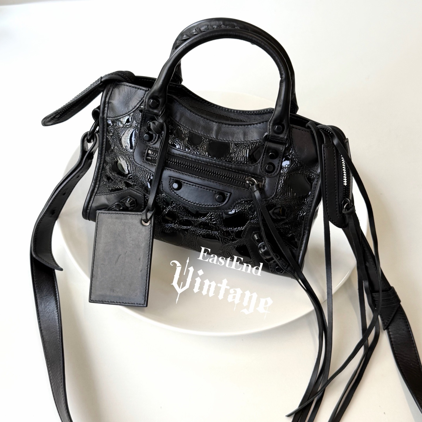 95新 Balenciaga/巴黎世家 東区-黑色压纹mini机车单肩包/10919