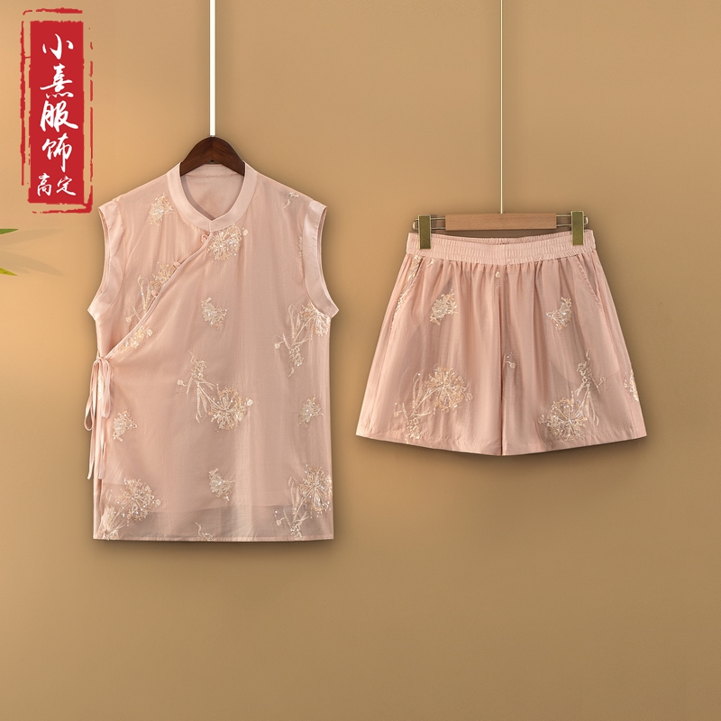 【夏日甜茶】2025新款夏季新中式绣花无袖上衣+短裤国风两件套装女