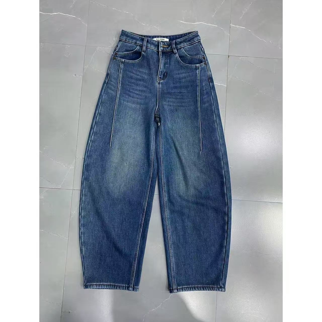 密密绒牛仔镰刀裤