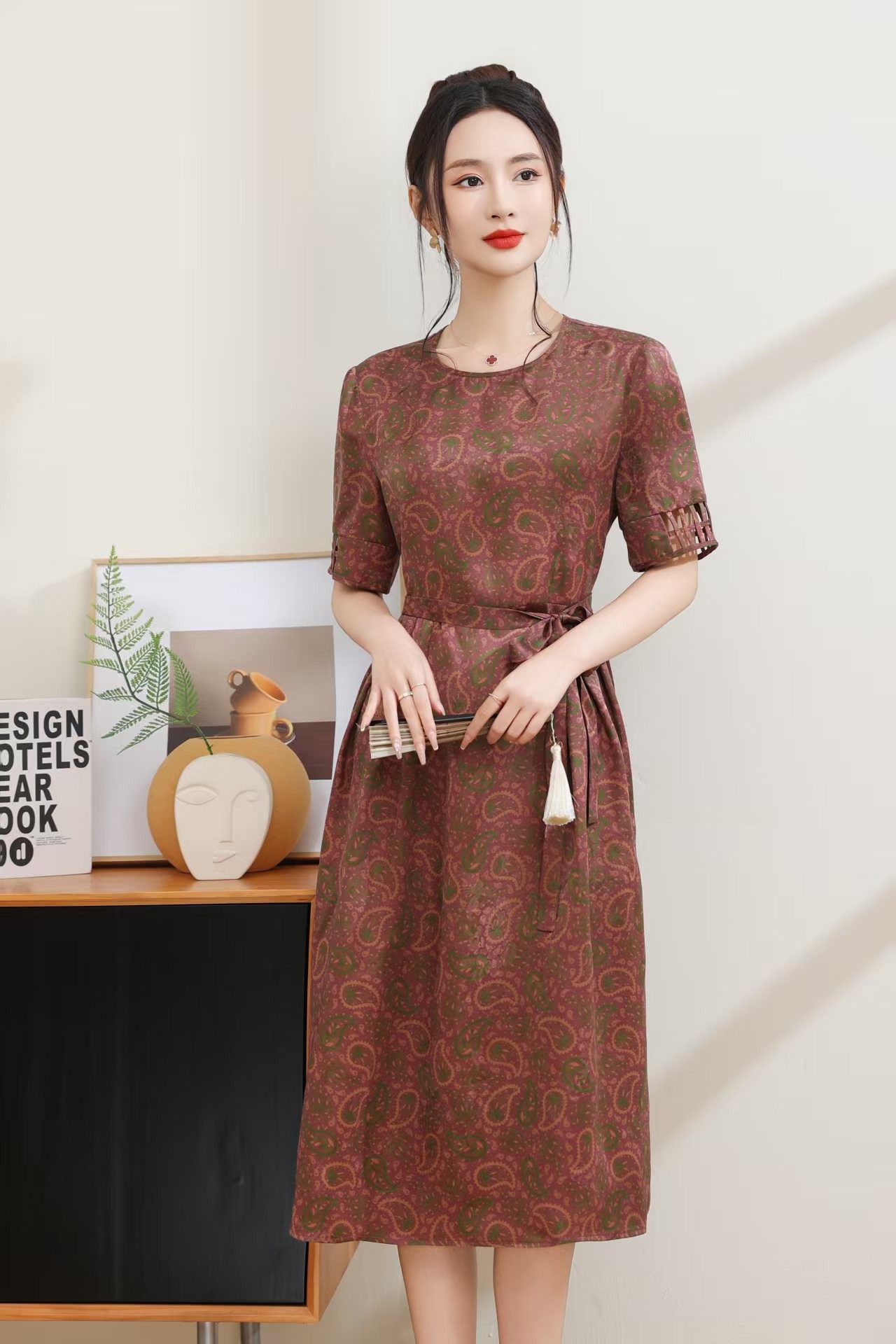 【C1-C50号链接】气质时尚收腰夏季中式提花优雅中长款真丝香云纱