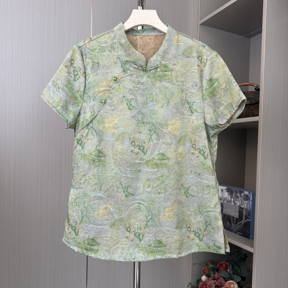 2583款【兰亭序】浮光锦时尚洋气女士短袖上衣