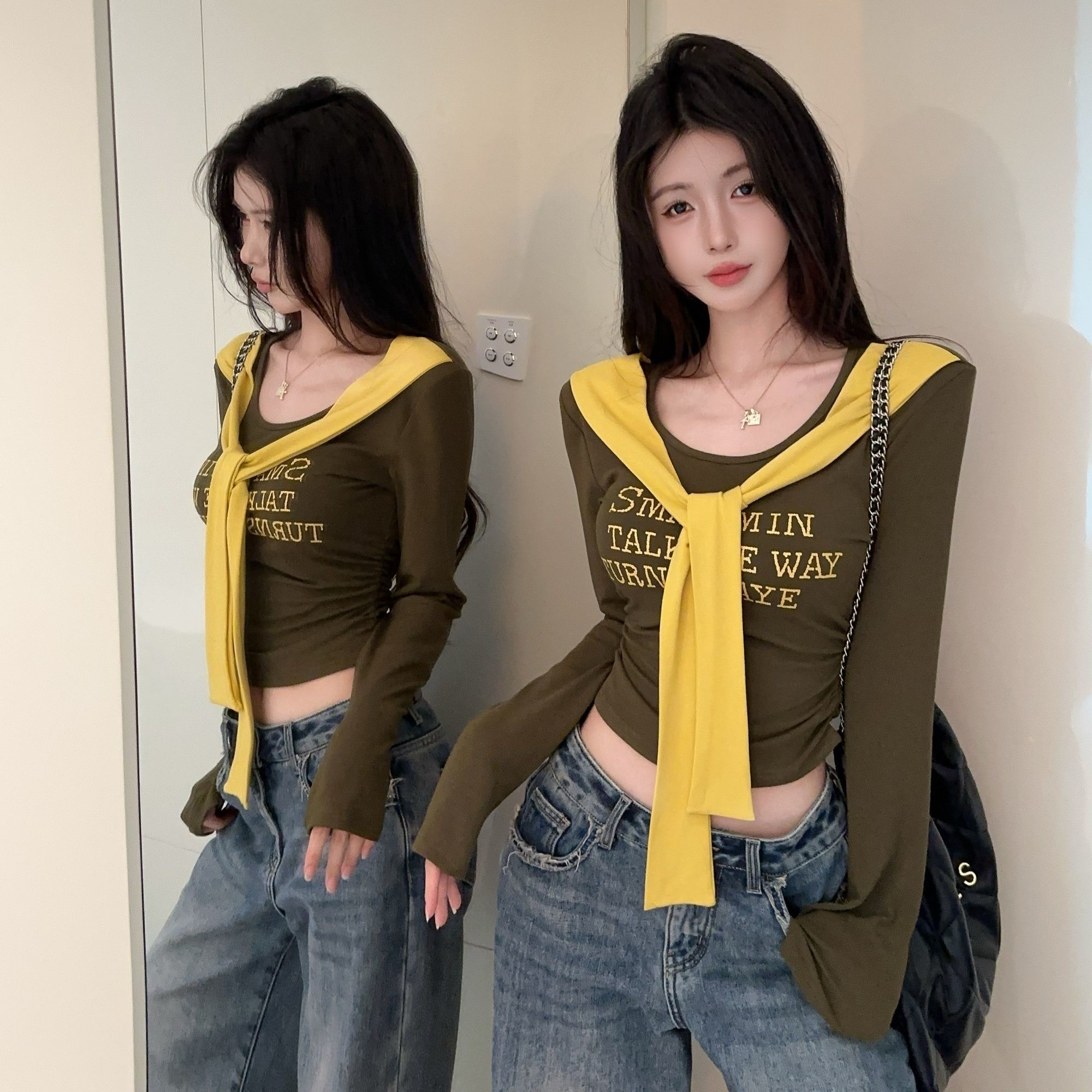 绿色披肩长袖字母印花T恤女装秋季新款辣妹修身显瘦独特短款上衣