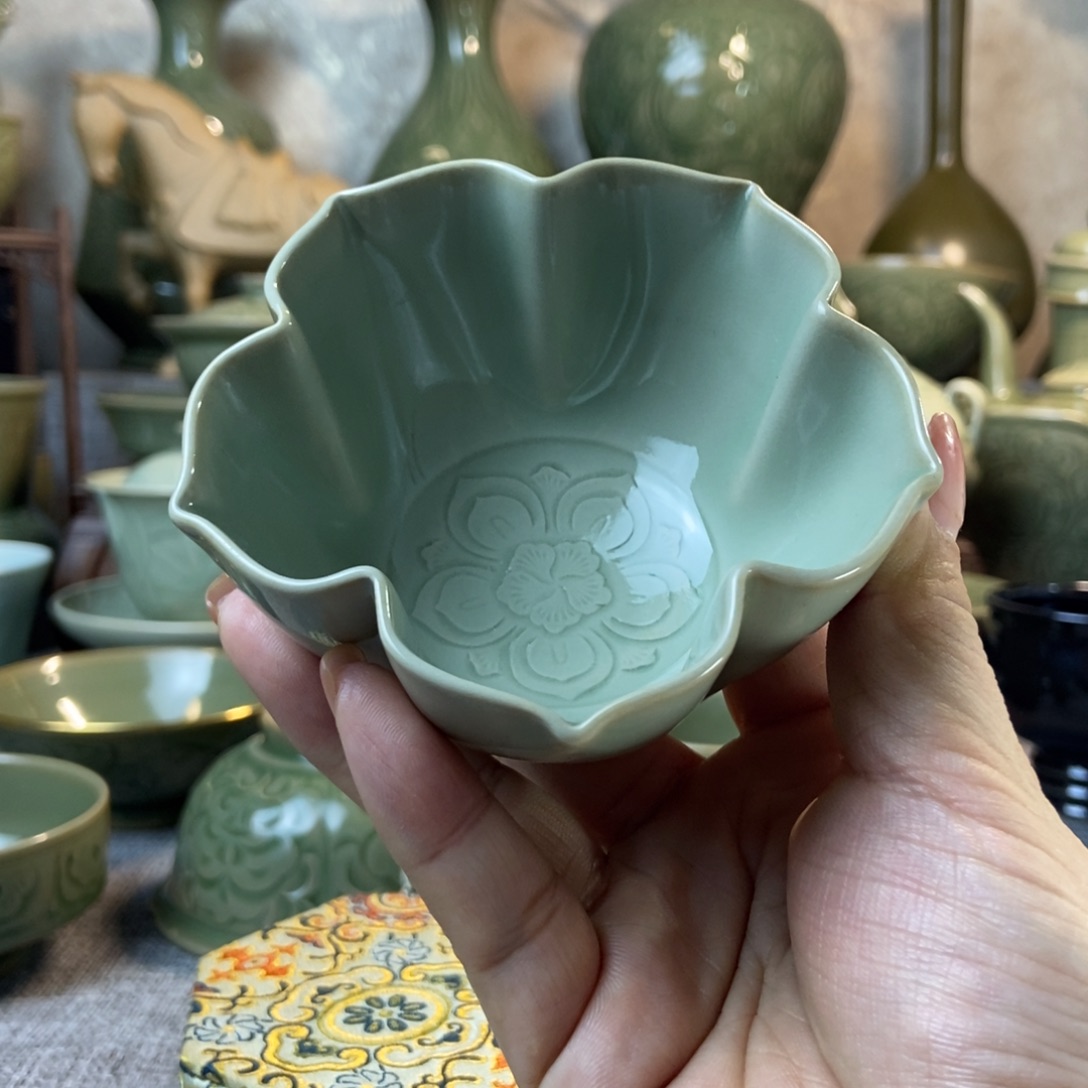 耀州窑全手工花口杯