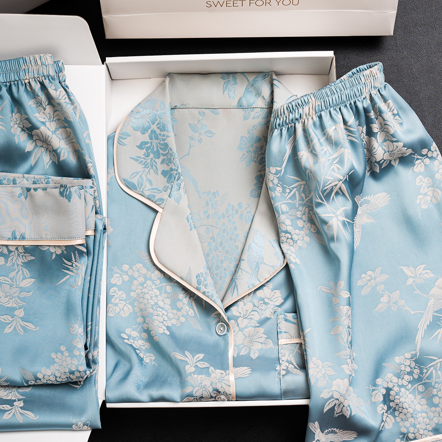 达芬奇密码睡衣女国风蓝印花丛气质套装长袖短袖三件套家居服套装