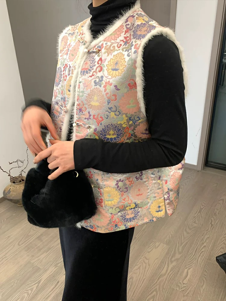 新中式国风重工刺绣开衫马甲女复古高端拼接水貂毛设计感小众上衣