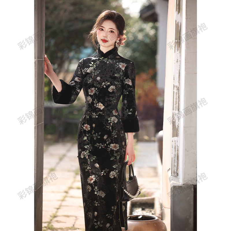 黑色旗袍女气质中国风秋冬季长袖加绒新中式轻奢高级感复古连衣裙