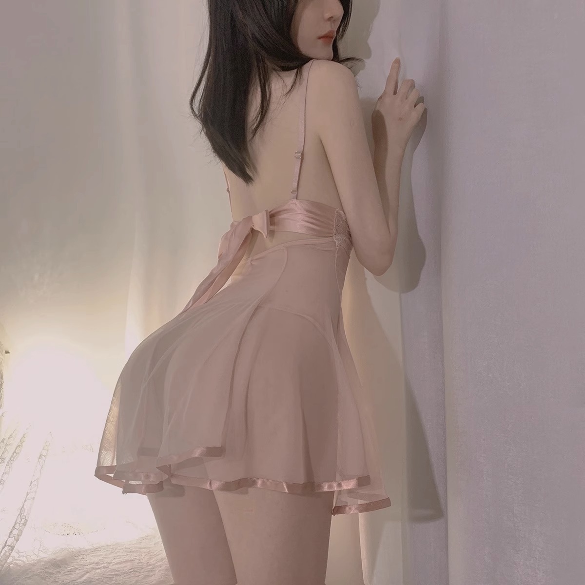 后背丝带结纯欲性感睡衣网纱吊带睡裙诱惑激情套装