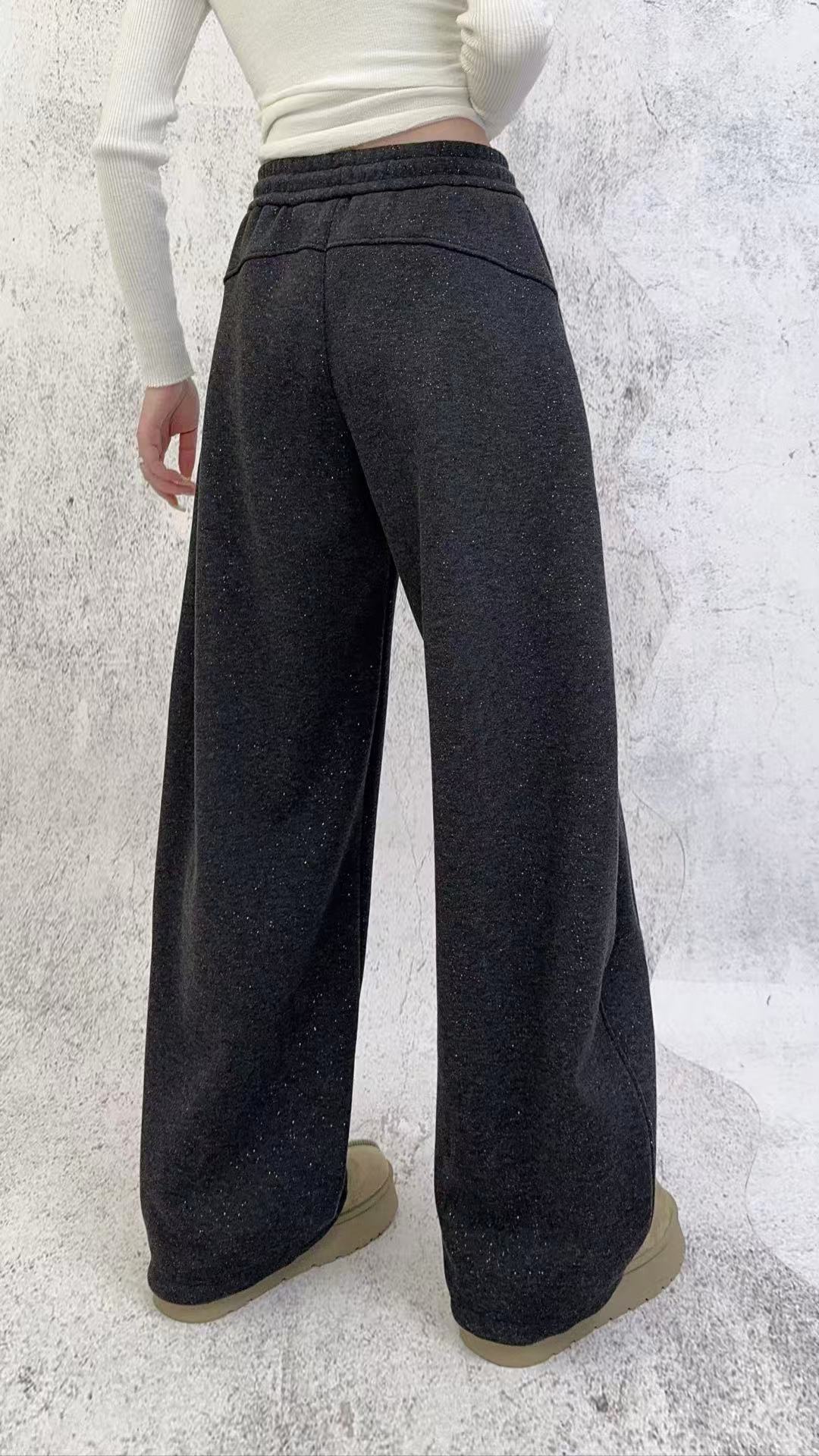 251215冬季加绒加厚亮片弯刀裤阔腿裤女显高显瘦休闲时尚百搭卫裤