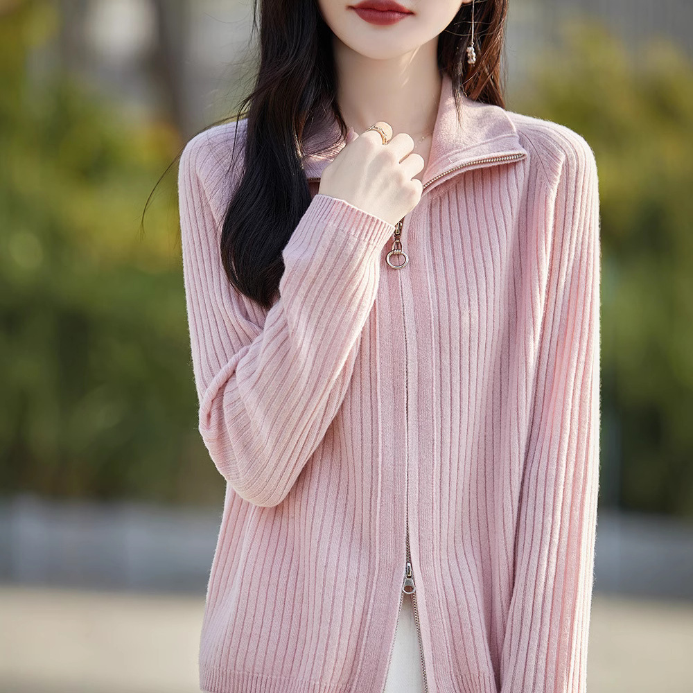 轻奢高领羊绒针织女开衫长袖纯色宽松休闲百搭简约正品纯羊毛外套