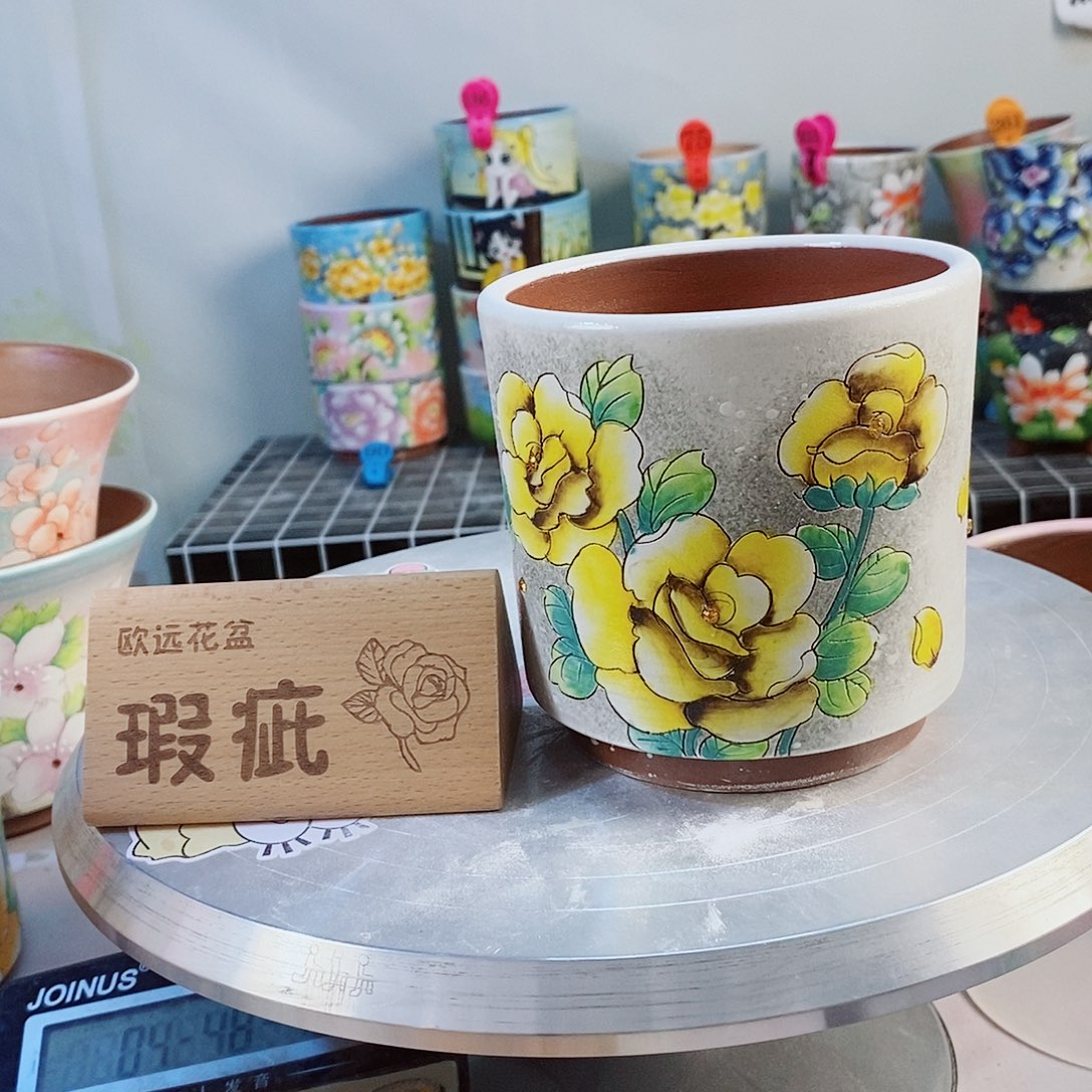 紫砂花盆红陶手绘花盆